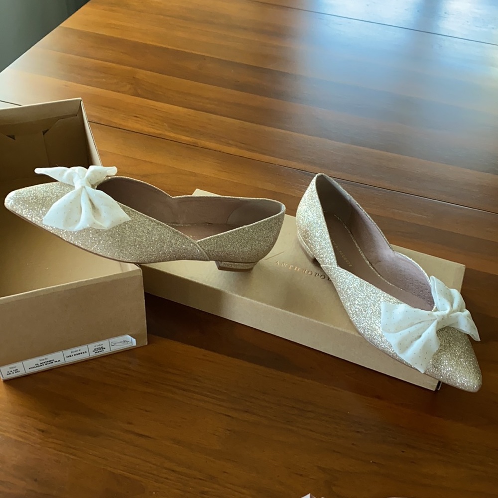 Anthropologie Gold Glitter Flats with Cream Bow - Picture 2 of 12